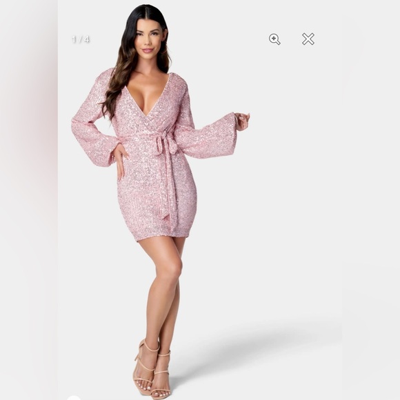 Bebe Sequin Tie Front Dress In Silver color. Size M - Picture 3 of 8